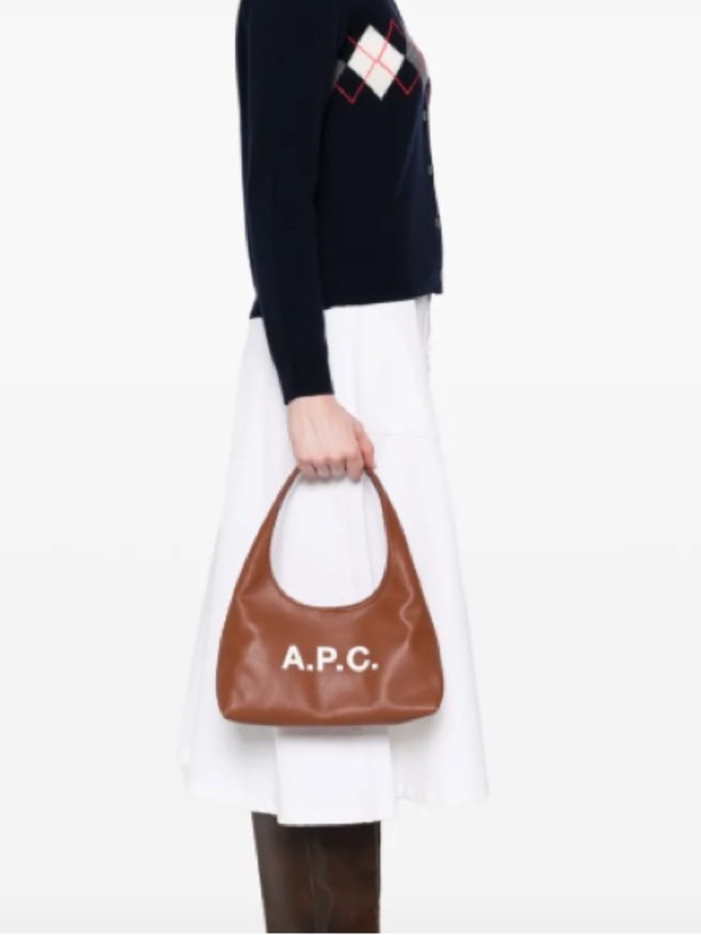 A.P.C. Brown Leather Printed Logo Shoulder Bag